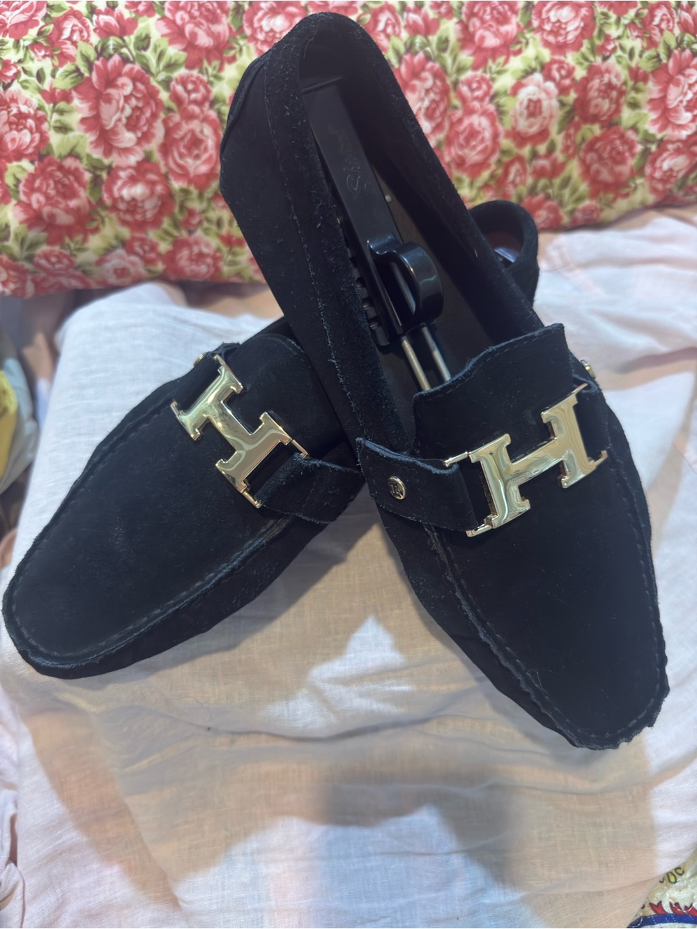 Hermes Black Suede Vintage Driving Loafers with Gold Hardware